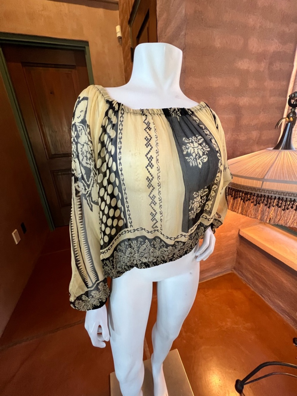 Jean Paul Gaultier Cream and Black Patchwork Off-Shoulder Blouse vintage